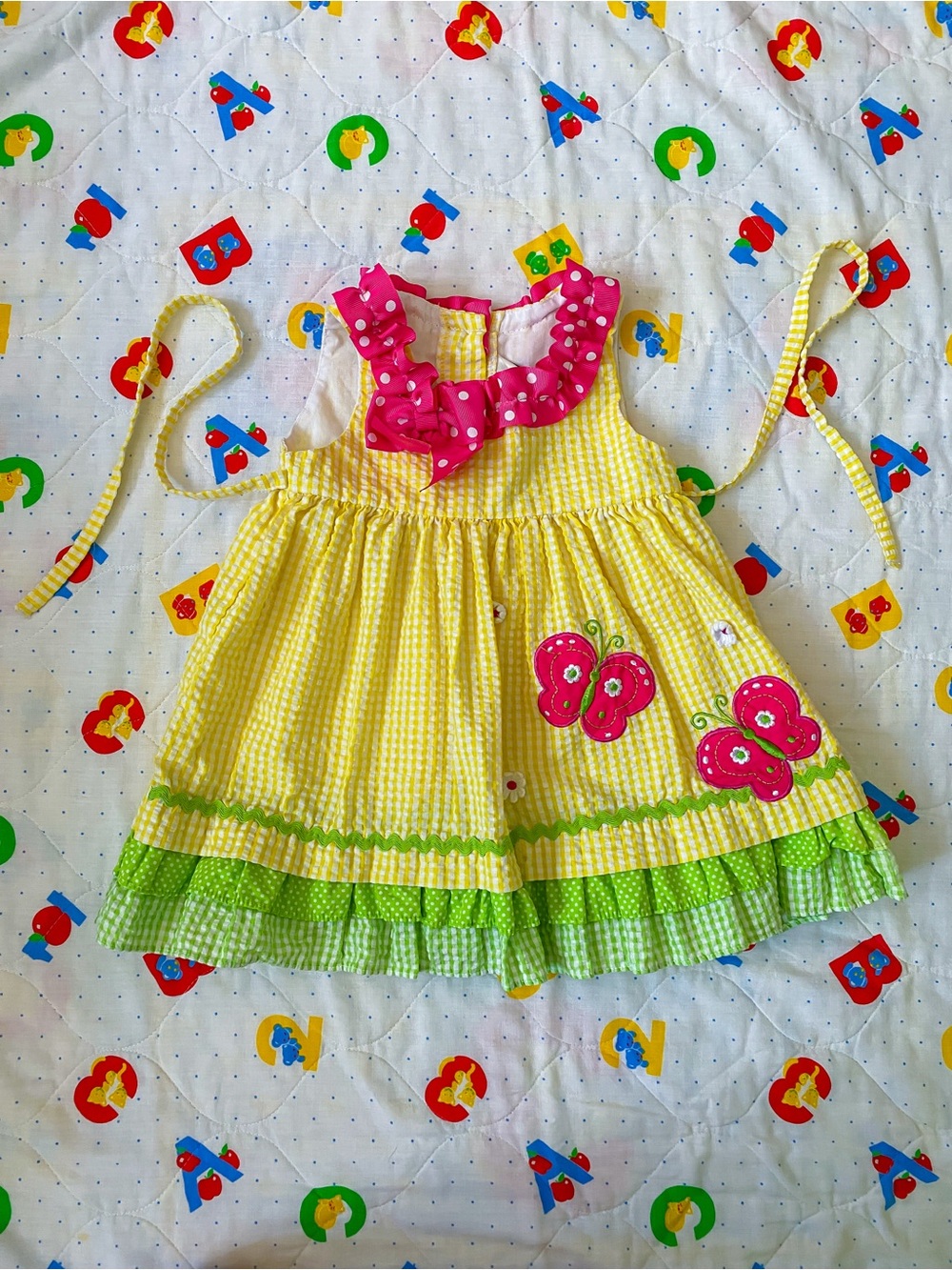 Rare Editions Yellow Gingham Dress with Hot Pink Polka-Dot Ruffle